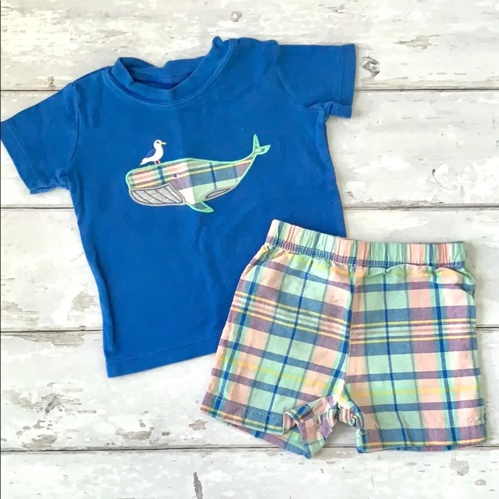 Carters 12m Boys Plaid Shorts Outfit Blue Whale Shirt Baby Kids Set
